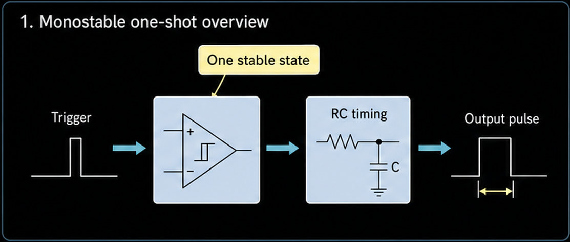 Op amp monostable one-shot overview showing trigger RC timing and output pulse