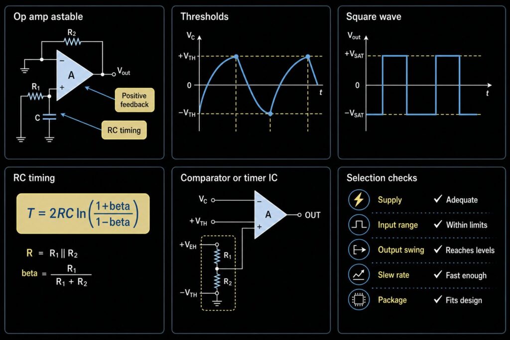 Op amp astable multivibrator square wave generator with RC timing