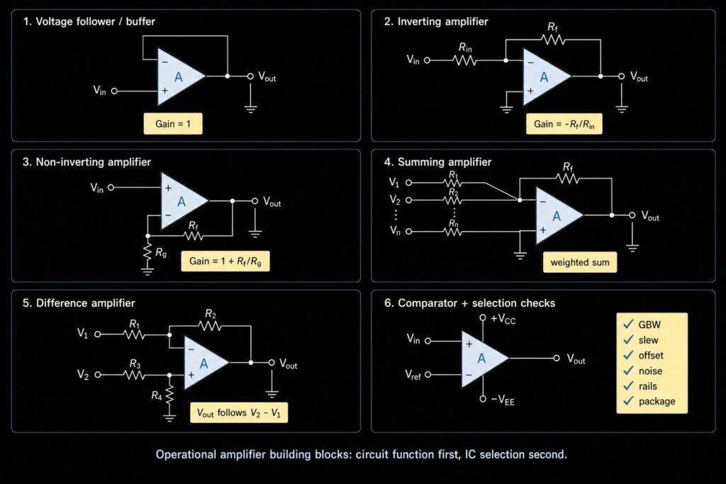 Operational amplifier building blocks overview with buffer inverting non-inverting summing difference comparator integrator differentiator and selection checks