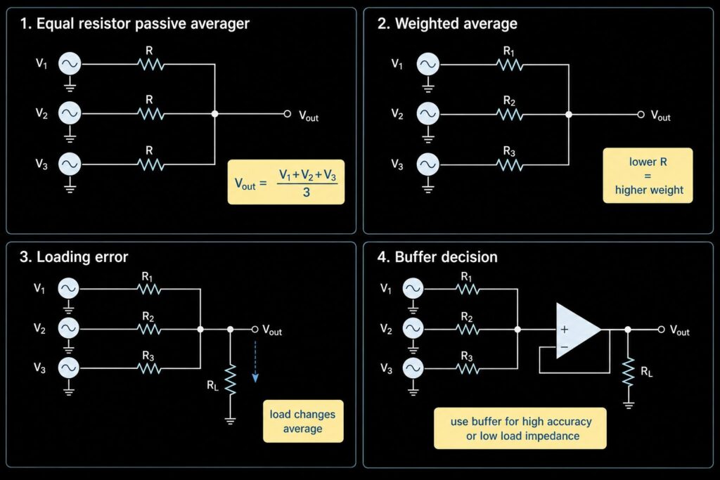 Passive averager resistor network overview with loading error and buffer decision checks