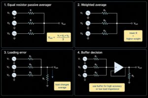 Passive averager resistor network overview with loading error and buffer decision checks