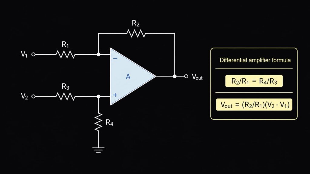 Op amp differential amplifier circuit showing matched resistor ratios and Vout equals R2 over R1 times V2 minus V1