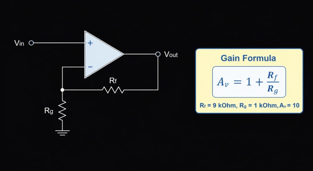 Non-inverting operational amplifier gain formula diagram showing Rf, Rg, Vin, and Vout