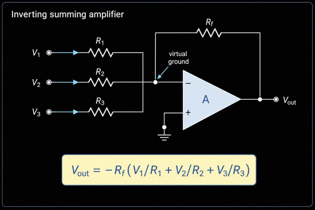 Inverting summing amplifier circuit with R1, R2, R3, feedback resistor Rf, virtual ground and Vout formula