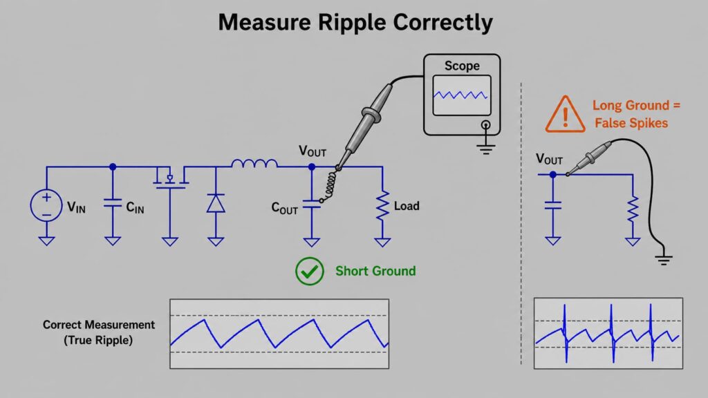 Correct buck converter ripple measurement at the output capacitor using a short oscilloscope ground connection