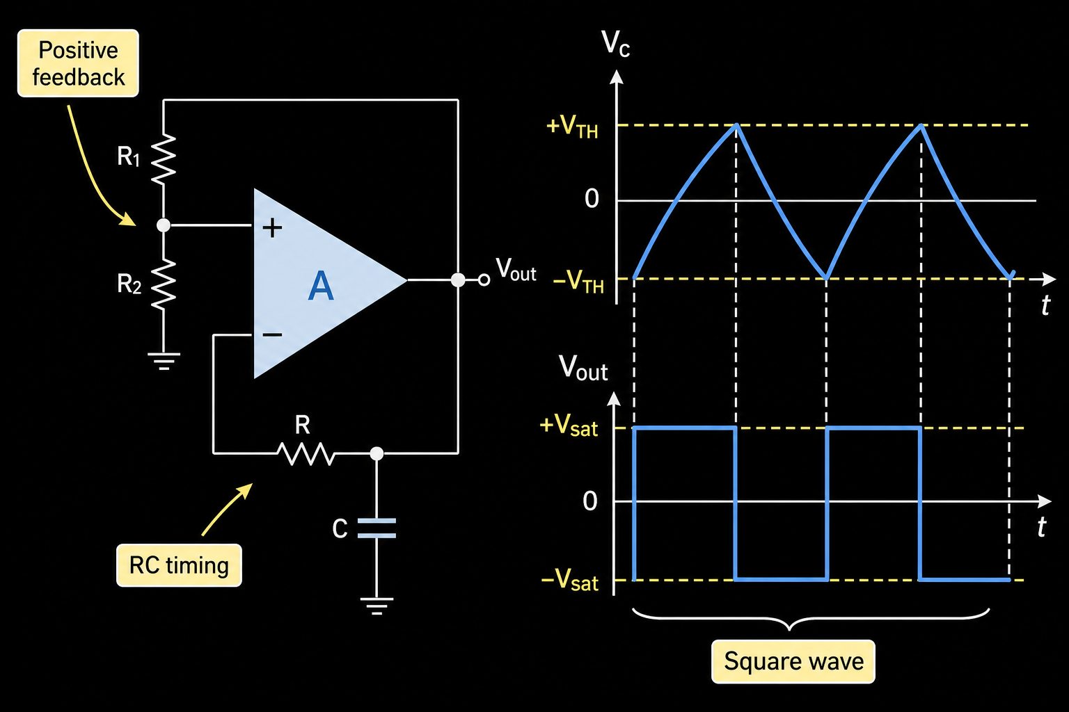 Op amp astable multivibrator RC timing diagram with positive feedback and square wave output