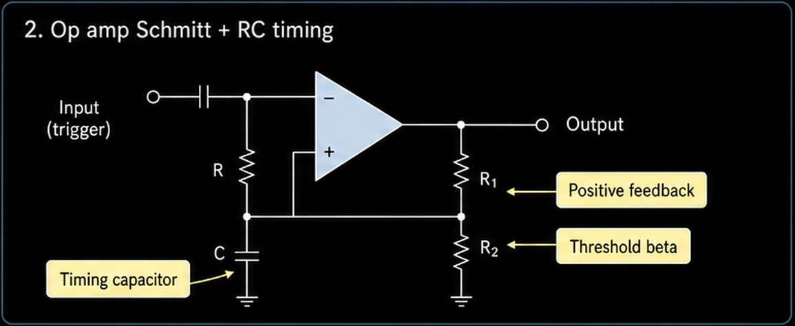 Op amp Schmitt trigger with positive feedback and RC timing network