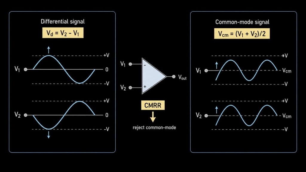 Differential input signal and common-mode input signal comparison for differential amplifier CMRR