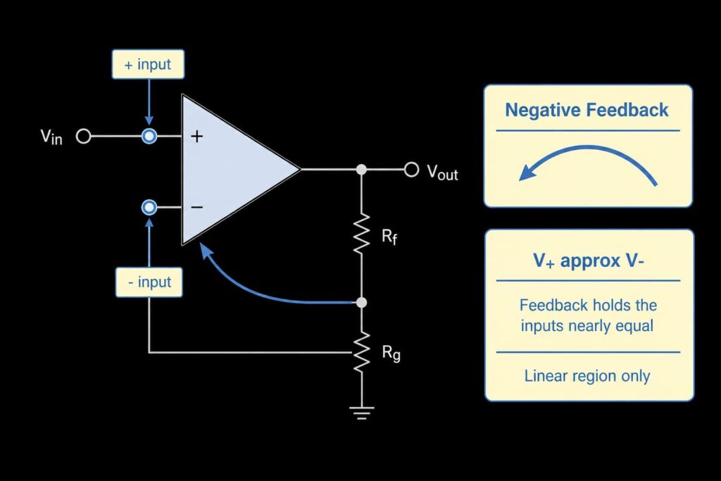 Negative feedback and virtual short concept in a non-inverting op amp circuit