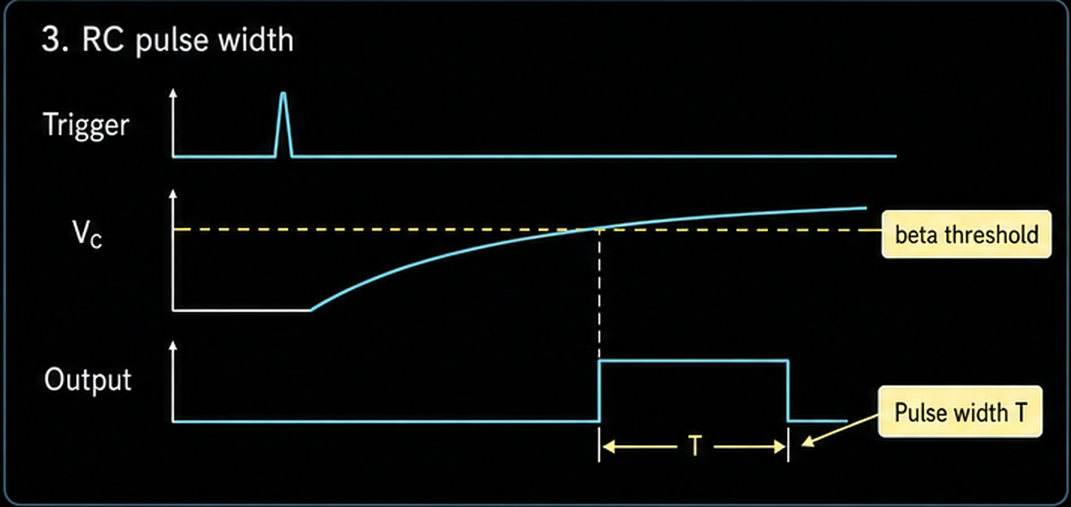 RC pulse width waveform for op amp monostable trigger capacitor voltage and output pulse