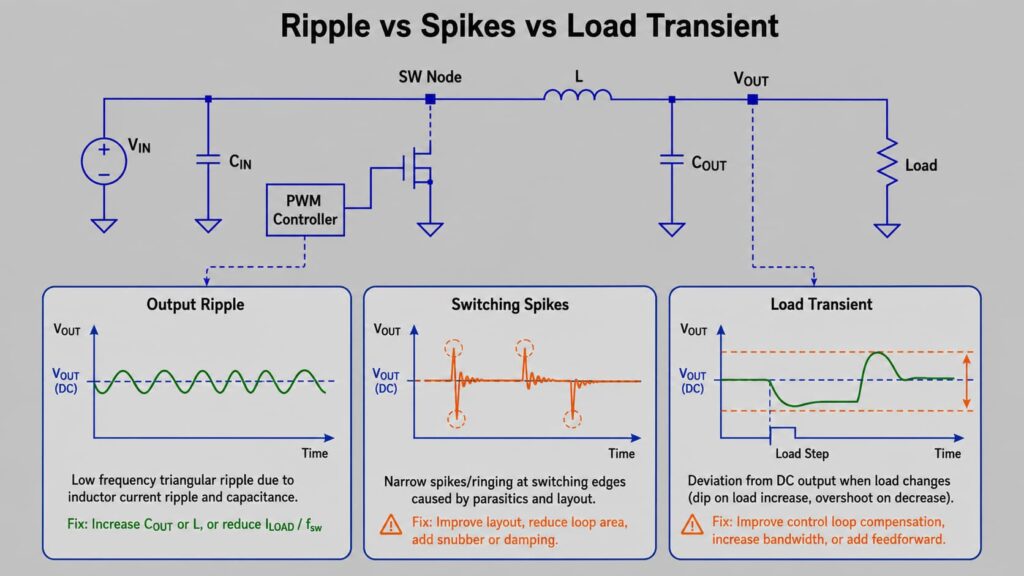 Buck converter output artifacts comparison showing ripple voltage, switching spikes and load transient deviation