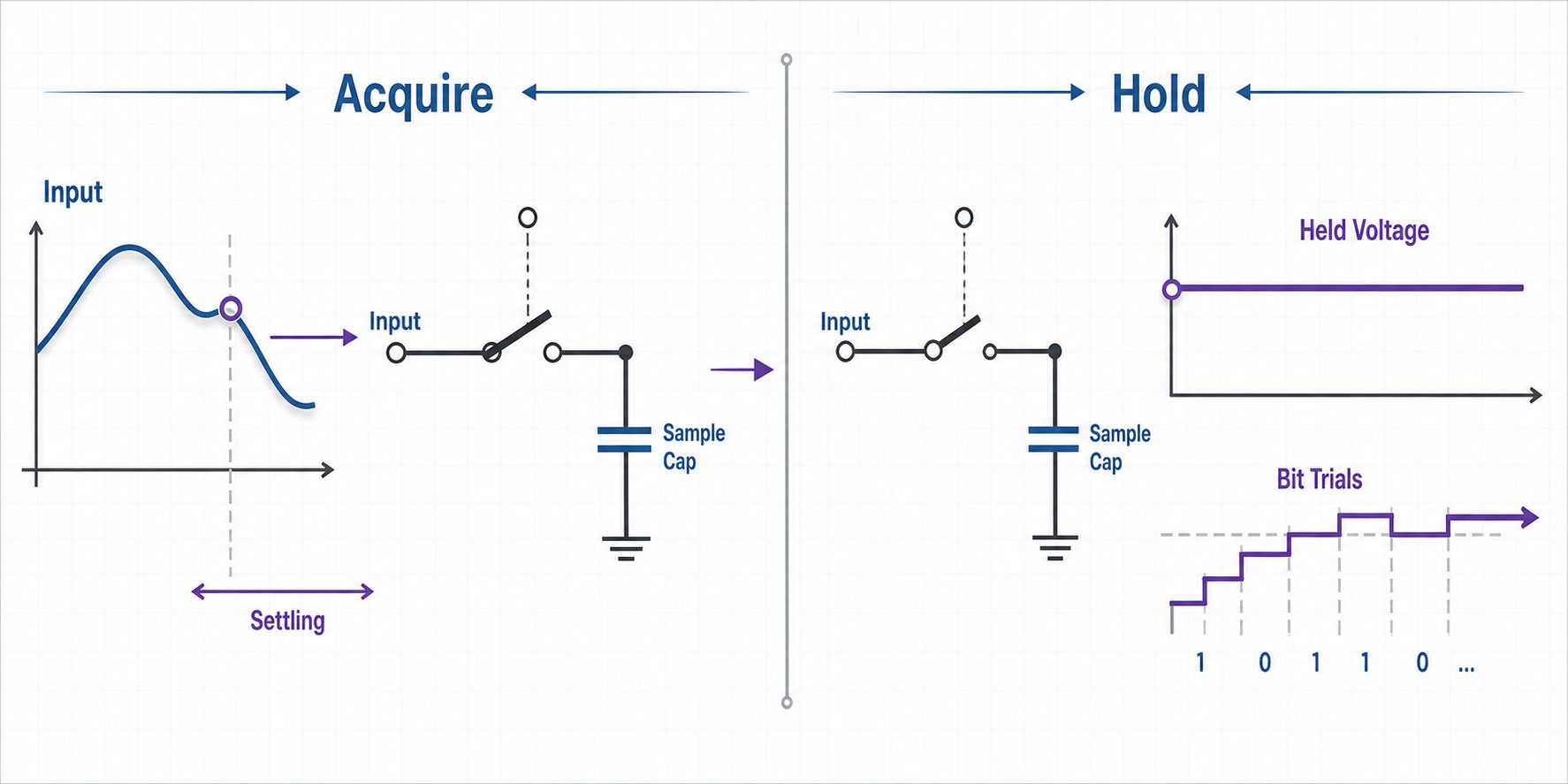 SAR ADC sample-and-hold diagram showing acquire and hold phases with a held input voltage during bit trials