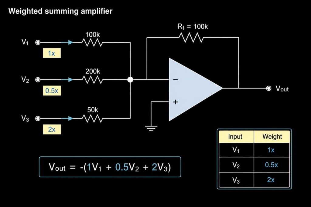 Weighted summing amplifier resistor example showing 100k, 200k and 50k input resistors with 1x, 0.5x and 2x coefficients