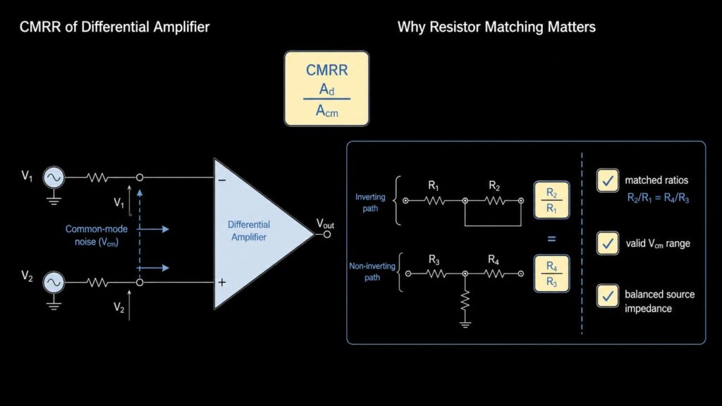 CMRR and resistor matching checklist for a differential amplifier circuit