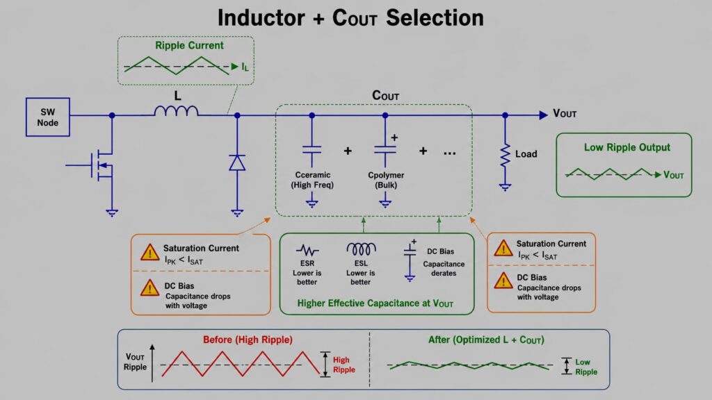 Buck converter inductor and output capacitor selection diagram showing ripple current, ESR, ESL, DC bias and low-ripple output