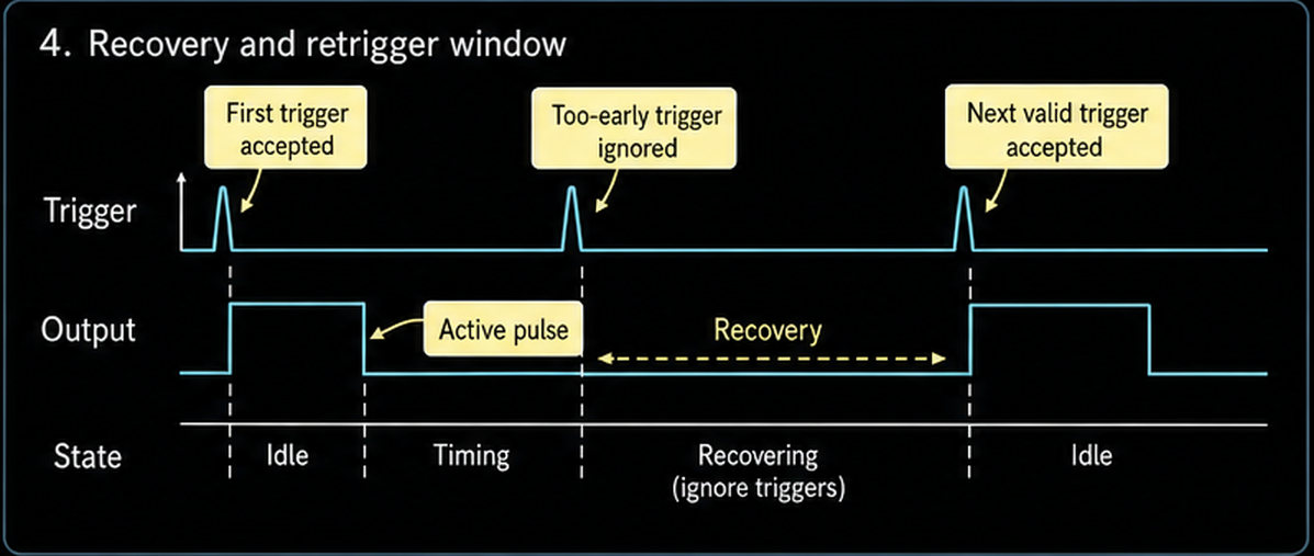 Op amp monostable recovery and retrigger timing window