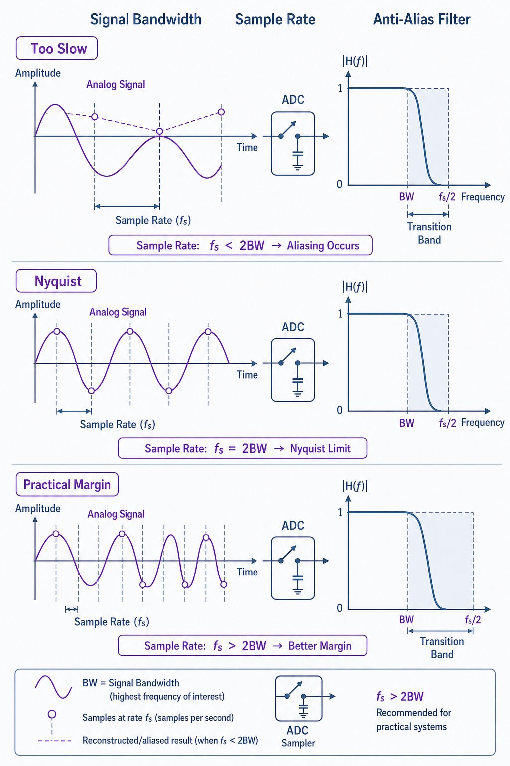 ADC sampling rate diagram showing signal bandwidth, Nyquist limit, and practical margin