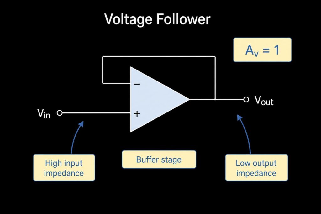 Voltage follower op amp buffer with Av = 1, high input impedance, and low output impedance