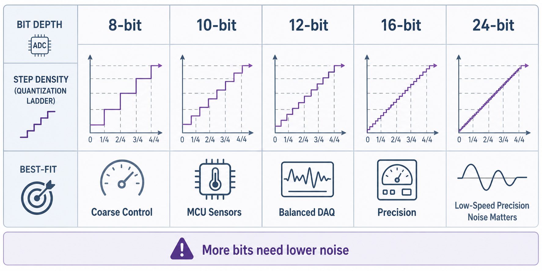 ADC bit depth selection matrix comparing 8-bit, 10-bit, 12-bit, 16-bit, and 24-bit ADC use cases