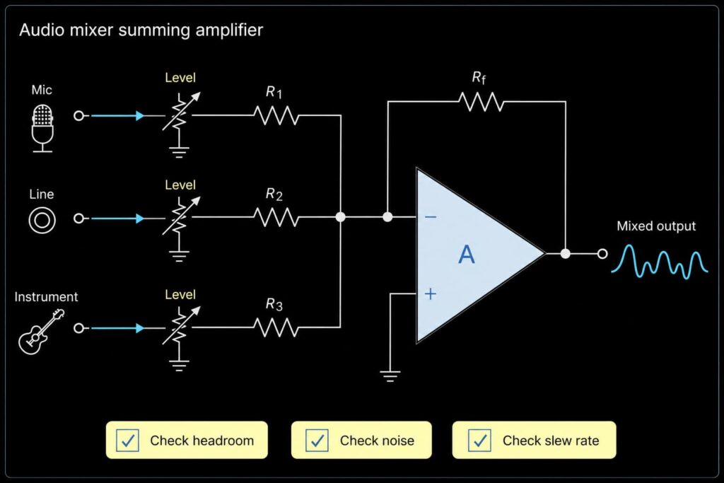 Audio mixer summing amplifier circuit with mic, line and instrument inputs, level controls and mixed output