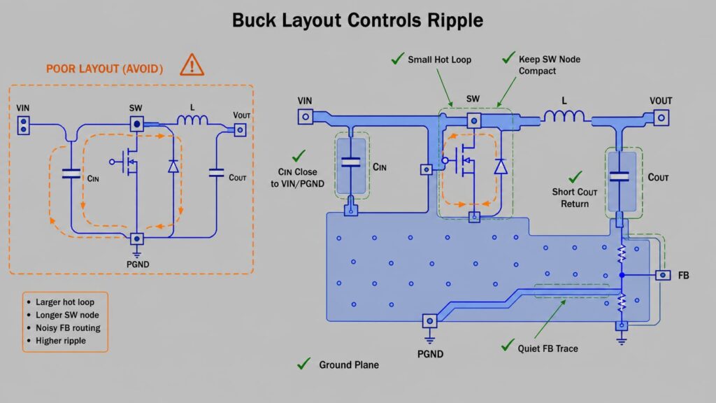 Buck converter PCB layout diagram showing small hot loop, compact switch node, close input capacitor, short output return and quiet feedback trace