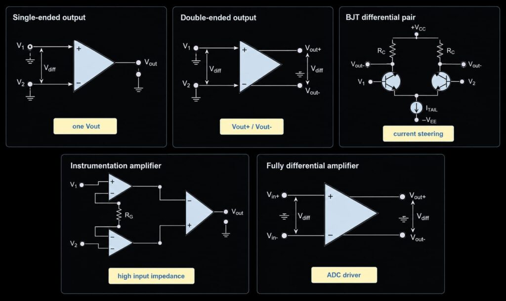 Comparison of single-ended, double-ended, BJT, instrumentation and fully differential amplifier types