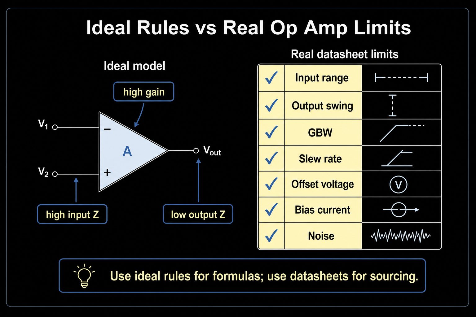 Ideal op amp model compared with real datasheet limits including input range, output swing, gain bandwidth, slew rate, offset voltage, bias current and noise
