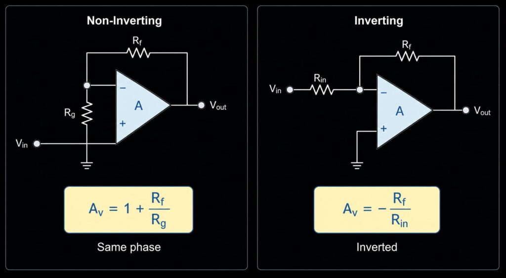 Comparison of non-inverting and inverting op amp circuits with gain formulas and phase behavior