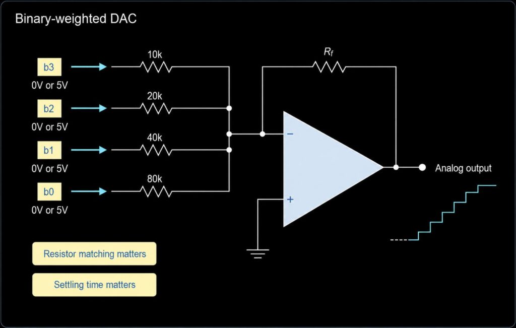 Binary weighted DAC using an op amp summing amplifier with b3, b2, b1 and b0 inputs through 10k to 80k resistors