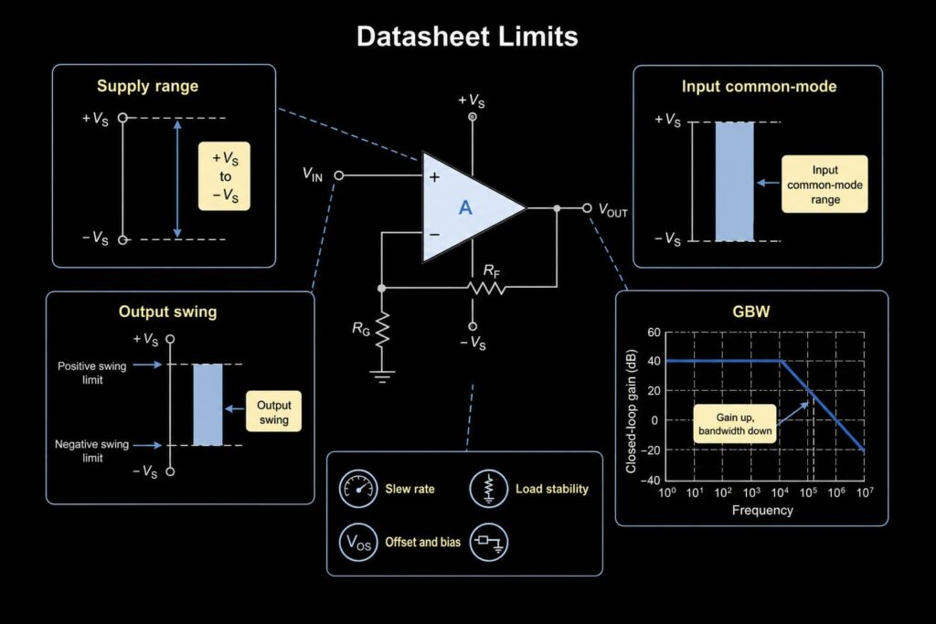 Op amp datasheet limits for supply range, input common-mode range, output swing, GBW, slew rate, offset, bias, and load stability