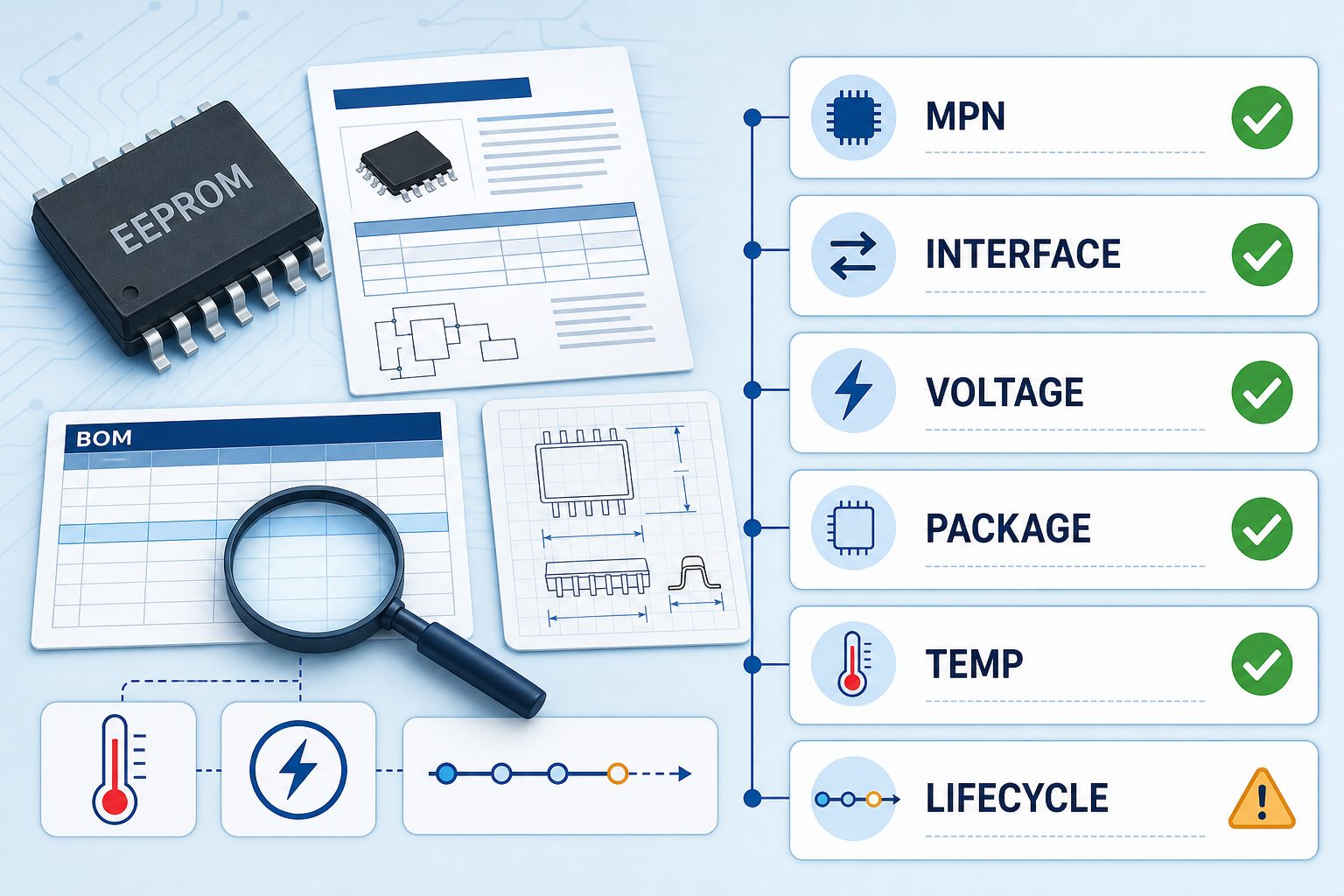 EEPROM procurement checklist for exact part number, interface, voltage, package and lifecycle.