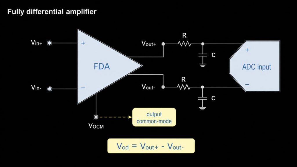 Fully differential amplifier ADC driver showing Vin plus, Vin minus, Vout plus, Vout minus, VOCM and RC filter