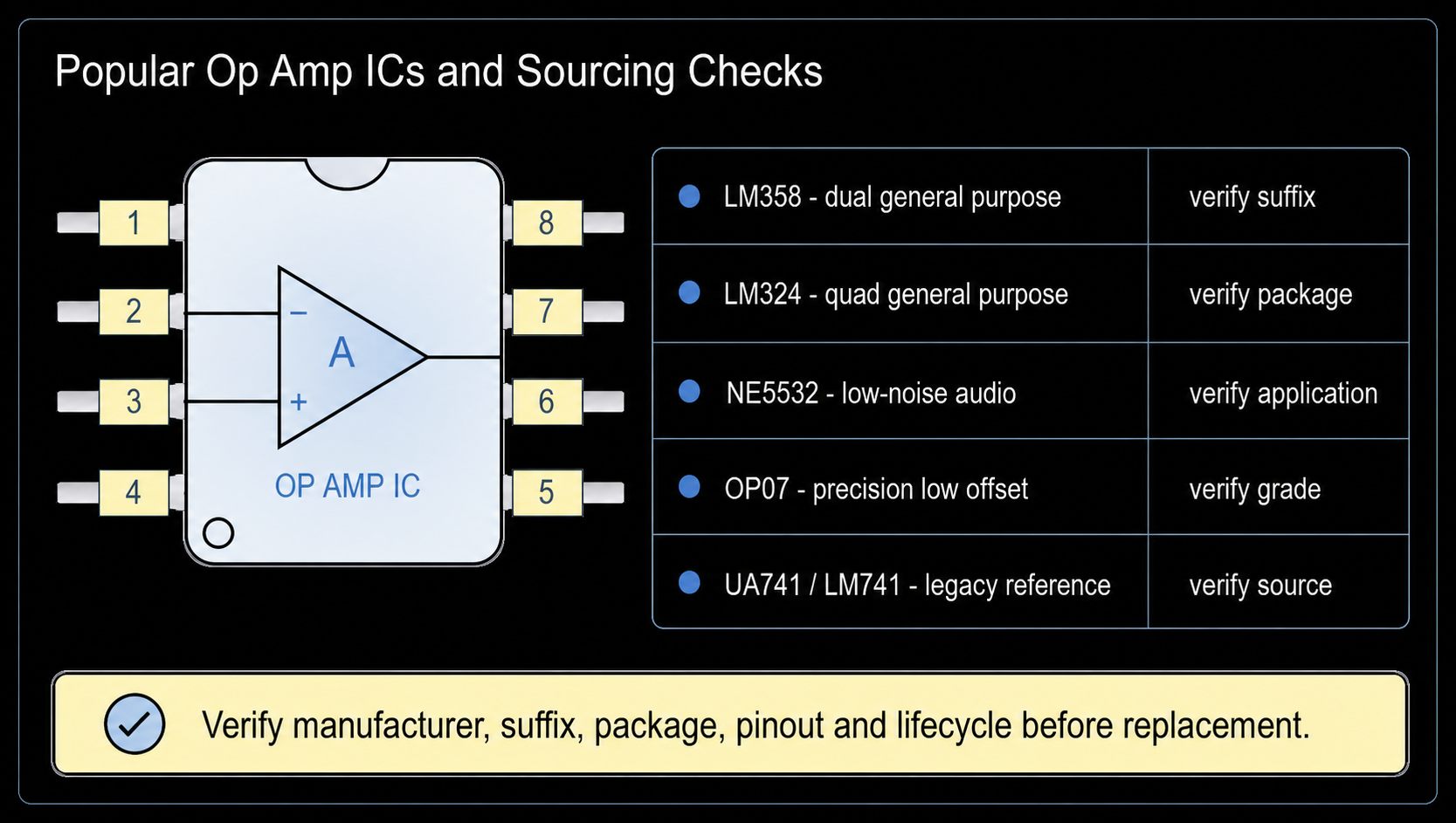 Popular op amp IC sourcing checklist for LM358, LM324, NE5532, OP07 and UA741 LM741 with suffix, package, application, grade and source verification