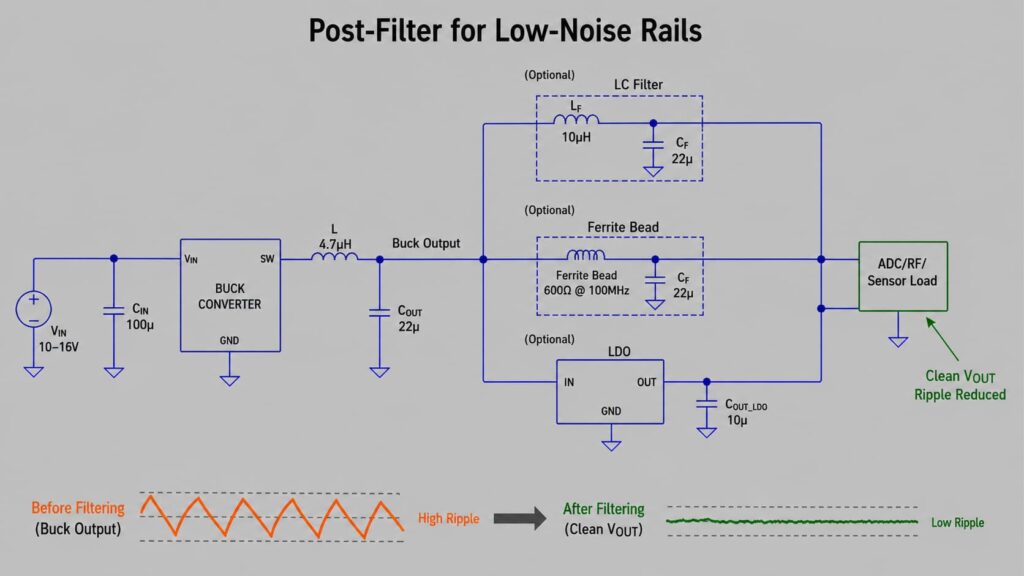 Buck converter post-filter options for low-noise rails including LC filter, ferrite bead and LDO cleanup path