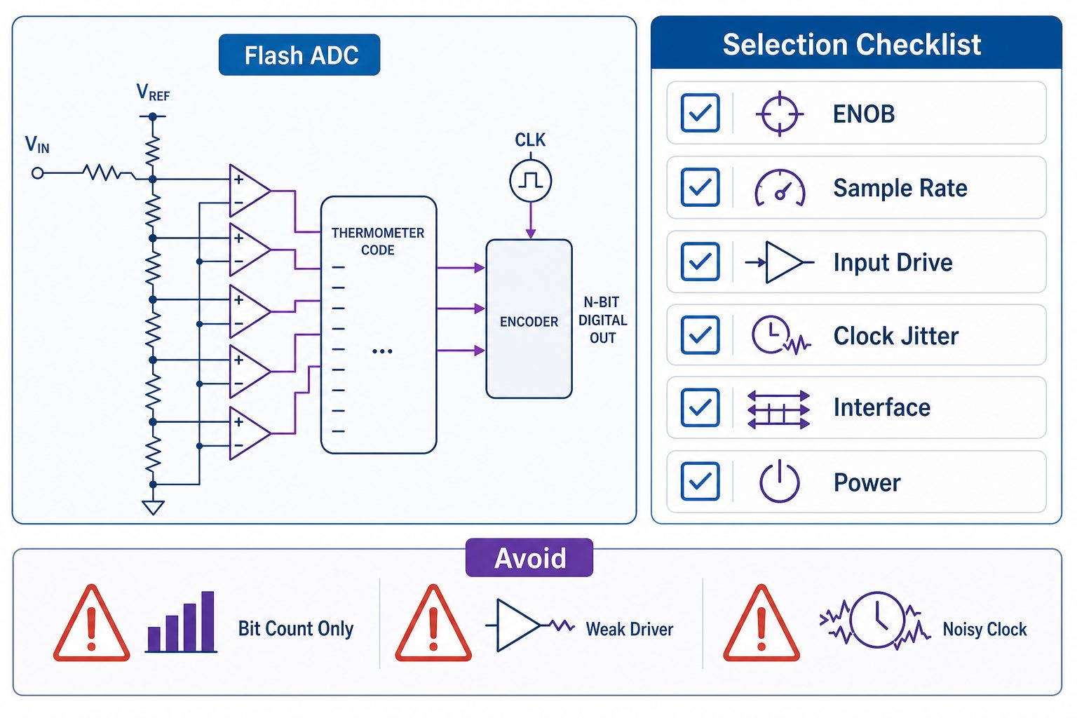 Flash ADC selection checklist with ENOB sample rate input drive clock jitter interface power and common mistakes