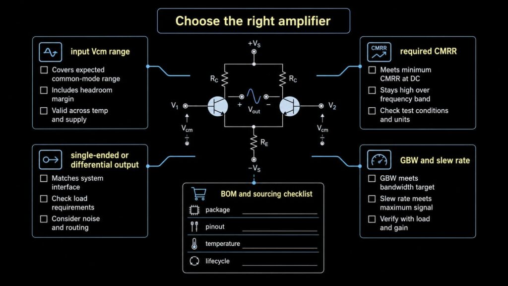 Differential amplifier selection checklist covering input Vcm range, CMRR, output type, GBW, slew rate and BOM checks
