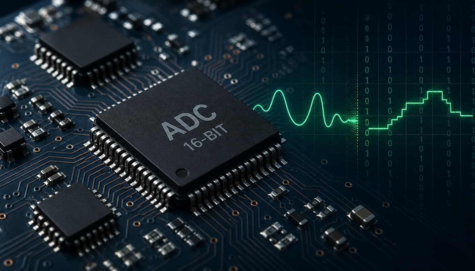 Analog-to-Digital Converter ADC chip on a circuit board with signal conversion graphic