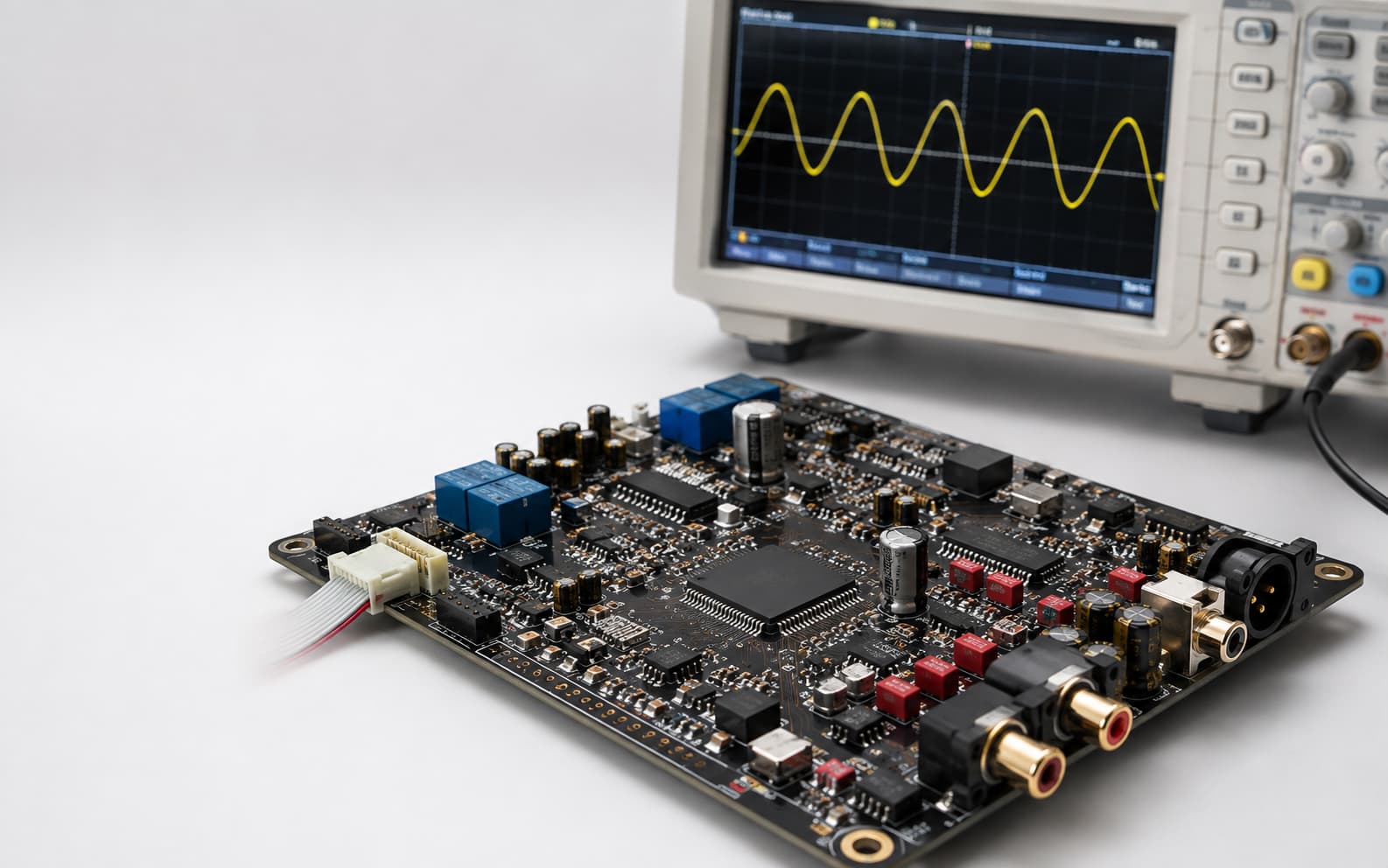 Audio and waveform synthesis lab with oscilloscope, signal board, and DAC circuit