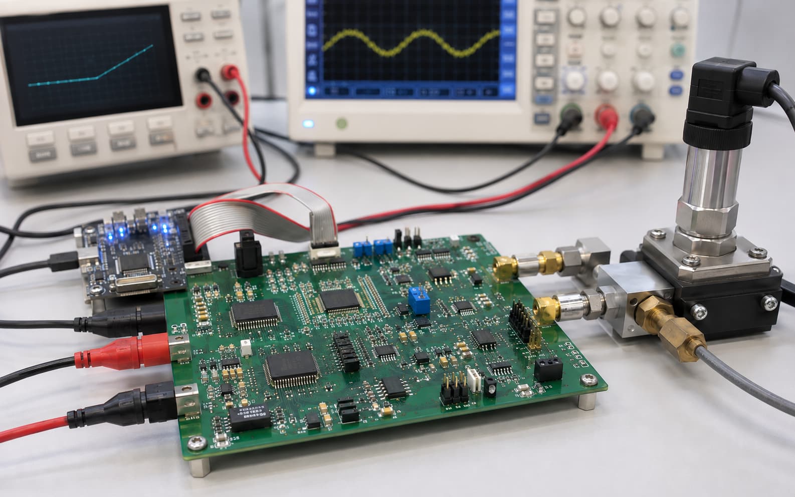 Sensor calibration bench with automated test fixture, probes, and precision DAC reference board