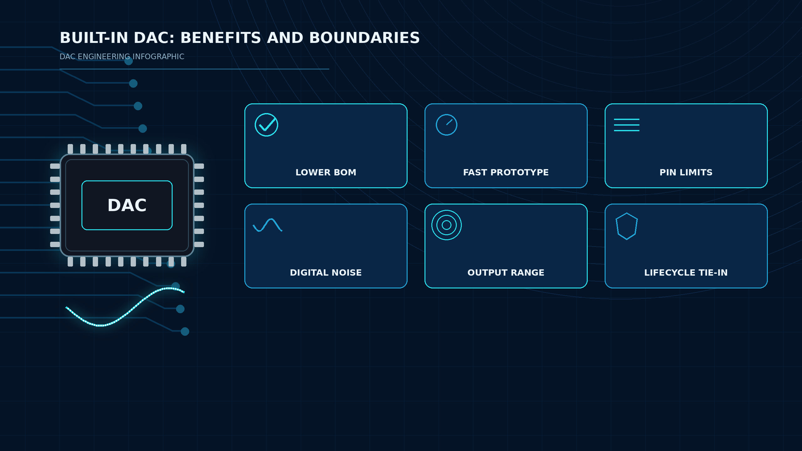 Built-in DAC benefits and limitations including lower BOM, fast prototyping, pin limits, noise, output range and lifecycle.