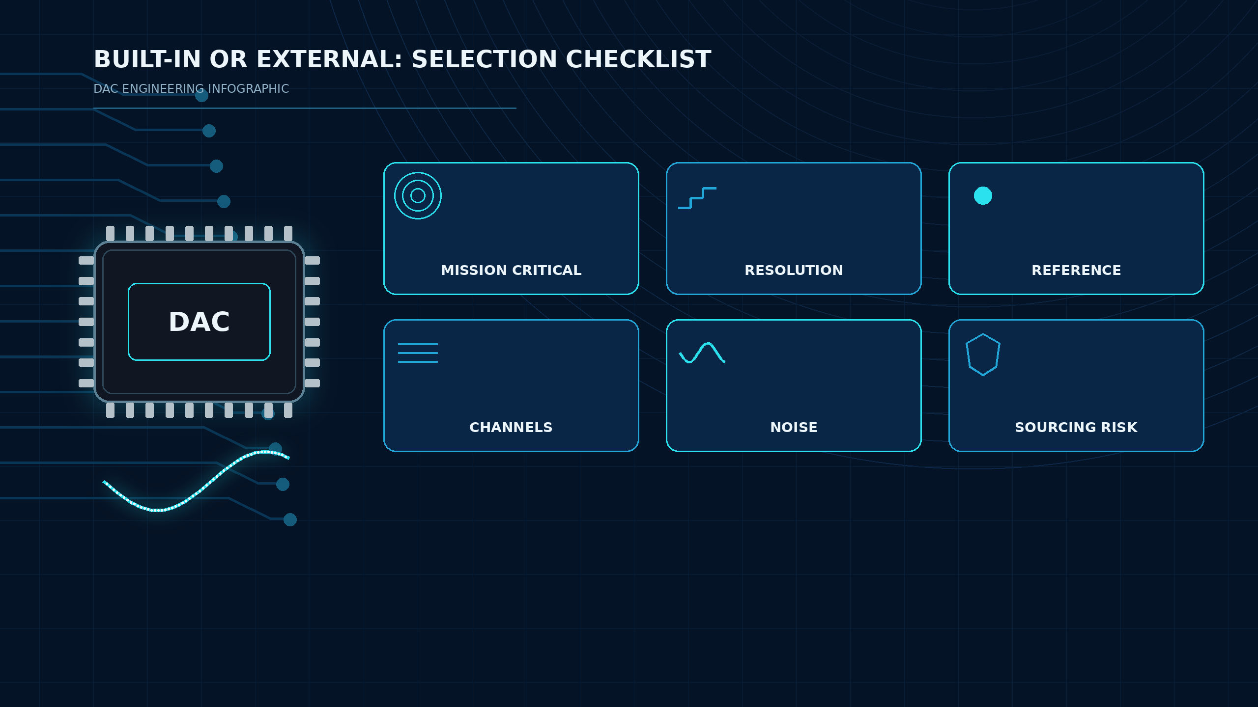 DAC selection checklist covering mission criticality, resolution, reference, channels, noise and sourcing risk.