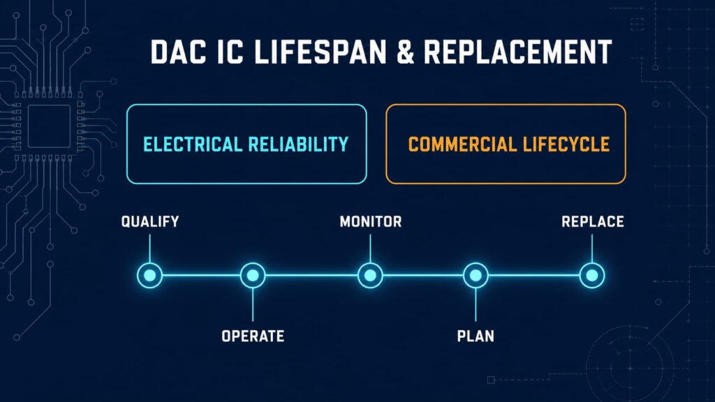 DAC lifecycle timeline comparing electrical reliability with commercial product lifecycle from qualification to replacement.