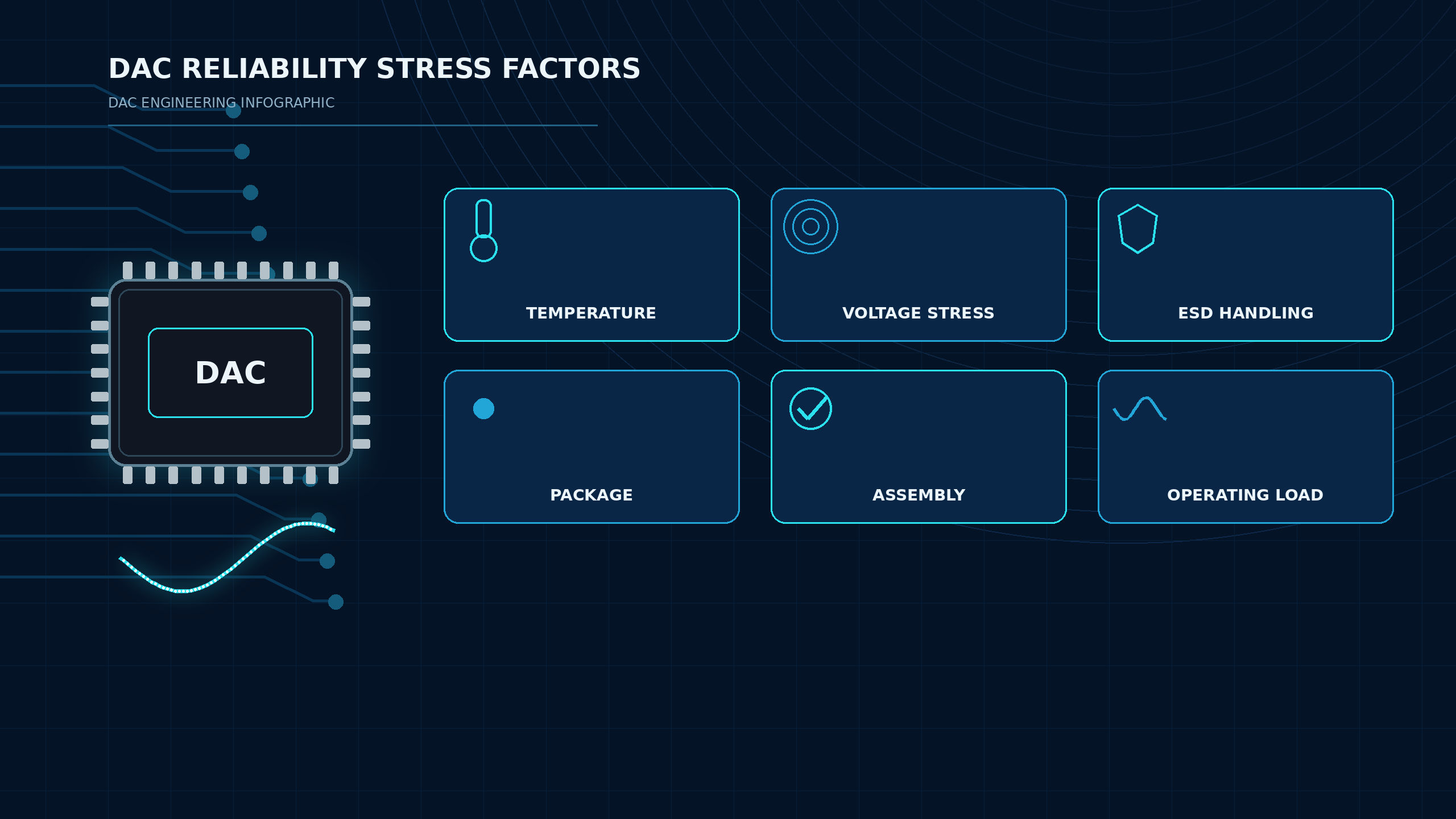 DAC reliability stress factors including temperature, voltage stress, ESD handling, package, assembly and operating load.