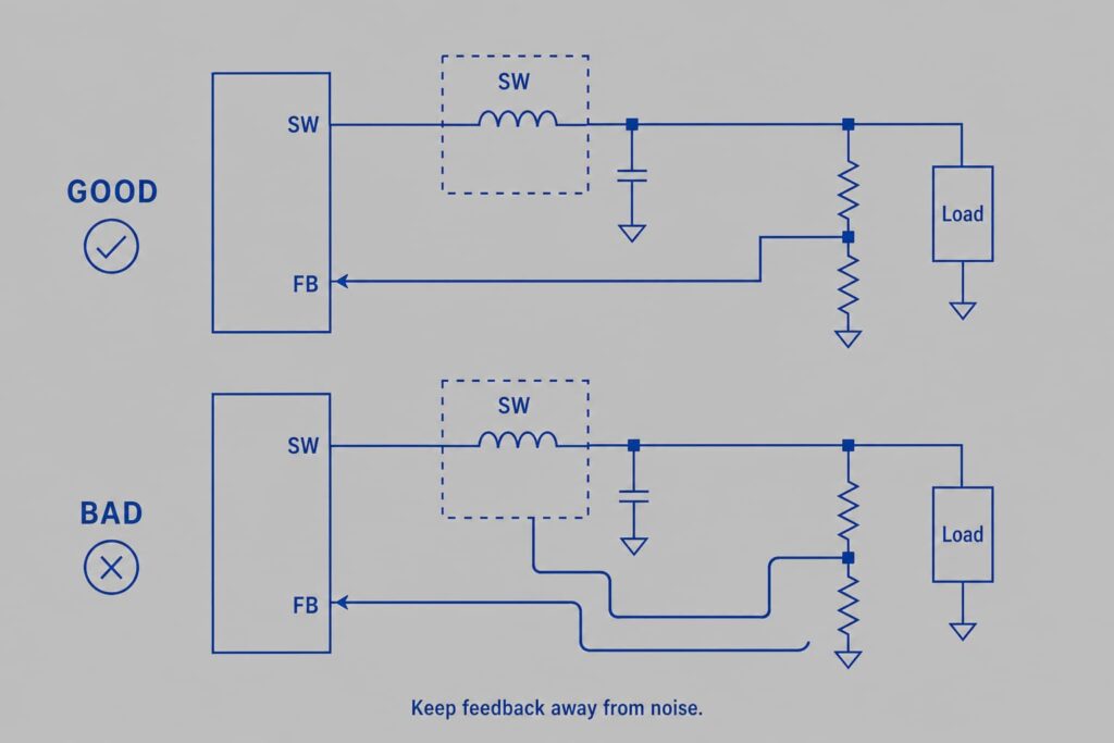 Feedback routing in DC-DC buck converter PCB layout showing good and bad feedback trace paths