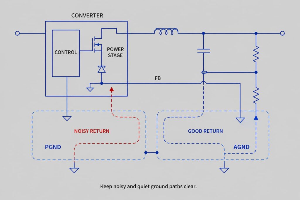 DC-DC grounding diagram showing PGND, AGND, noisy return path, and quiet feedback ground path