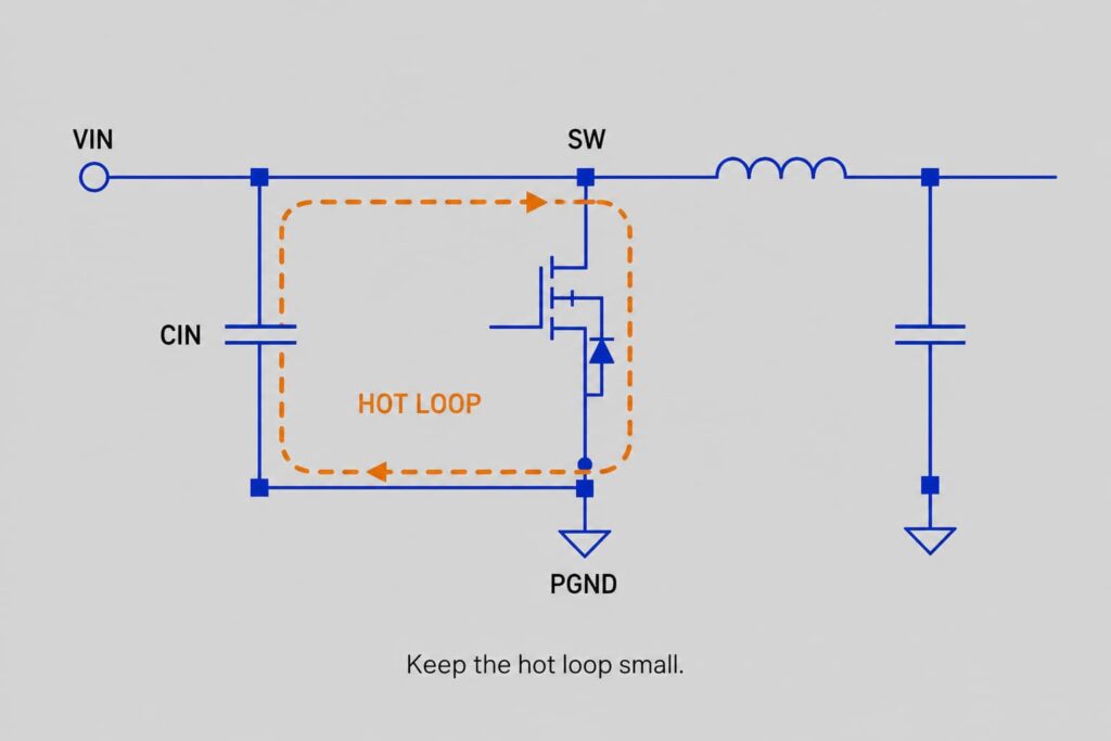 DC-DC buck converter hot loop diagram showing why the high current loop should be kept small