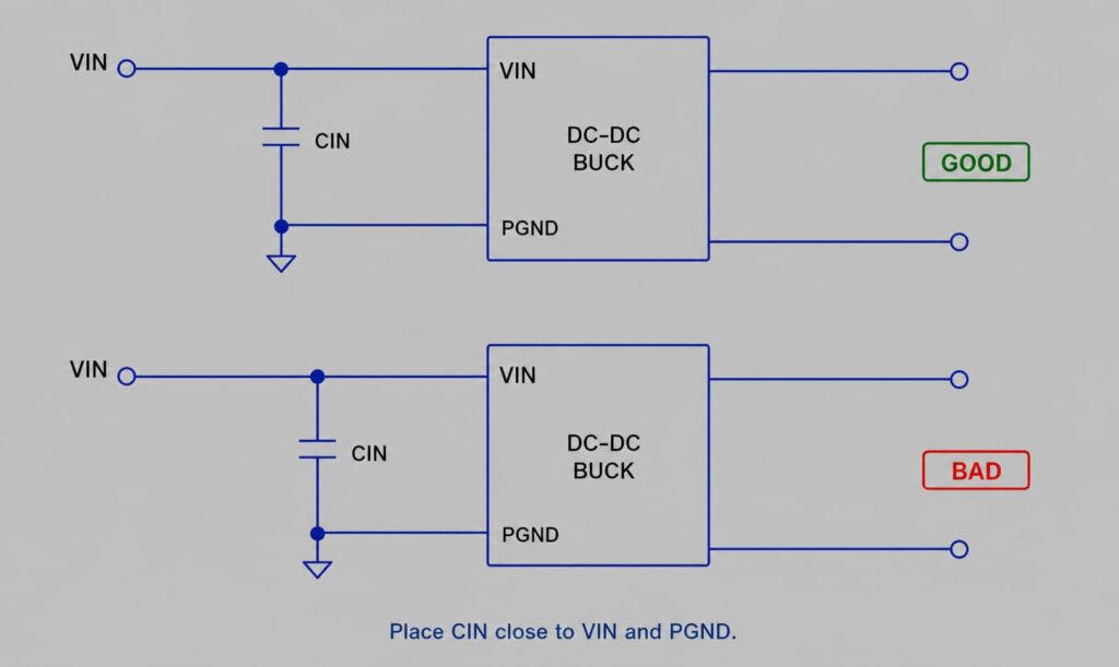Input capacitor placement in DC-DC buck converter PCB layout showing good and bad CIN position