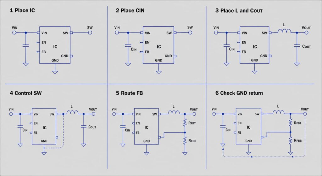 Step-by-step DC-DC PCB layout order infographic showing IC, CIN, inductor, COUT, SW, feedback, and ground return