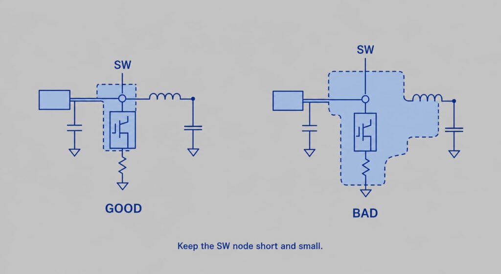 SW node layout comparison in DC-DC PCB design showing compact good layout and oversized bad layout