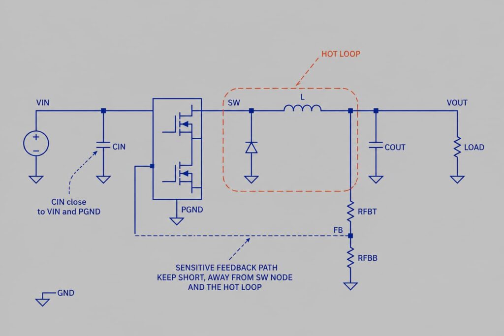 DC-DC PCB layout guide showing hot loop, input capacitor placement, SW node, feedback path, and grounding